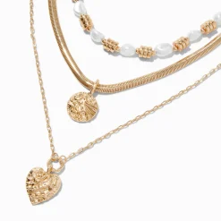 Collier multi-rangs pendentif texturé perle d'imitation couleur dorée