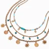 Collier multi-rangs perlé turquoise d'imitation et pièce couleur dorée