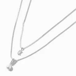 Collier multi-rangs perle d'imitation et zircon cubique double couleur argentée