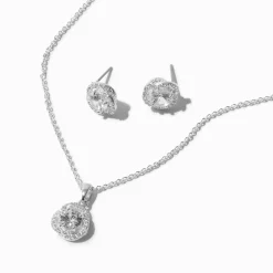 Collier pendentif avec auréole nouée en zircon cubique d'imitation couleur argentée et clous d'oreilles - Lot de 2