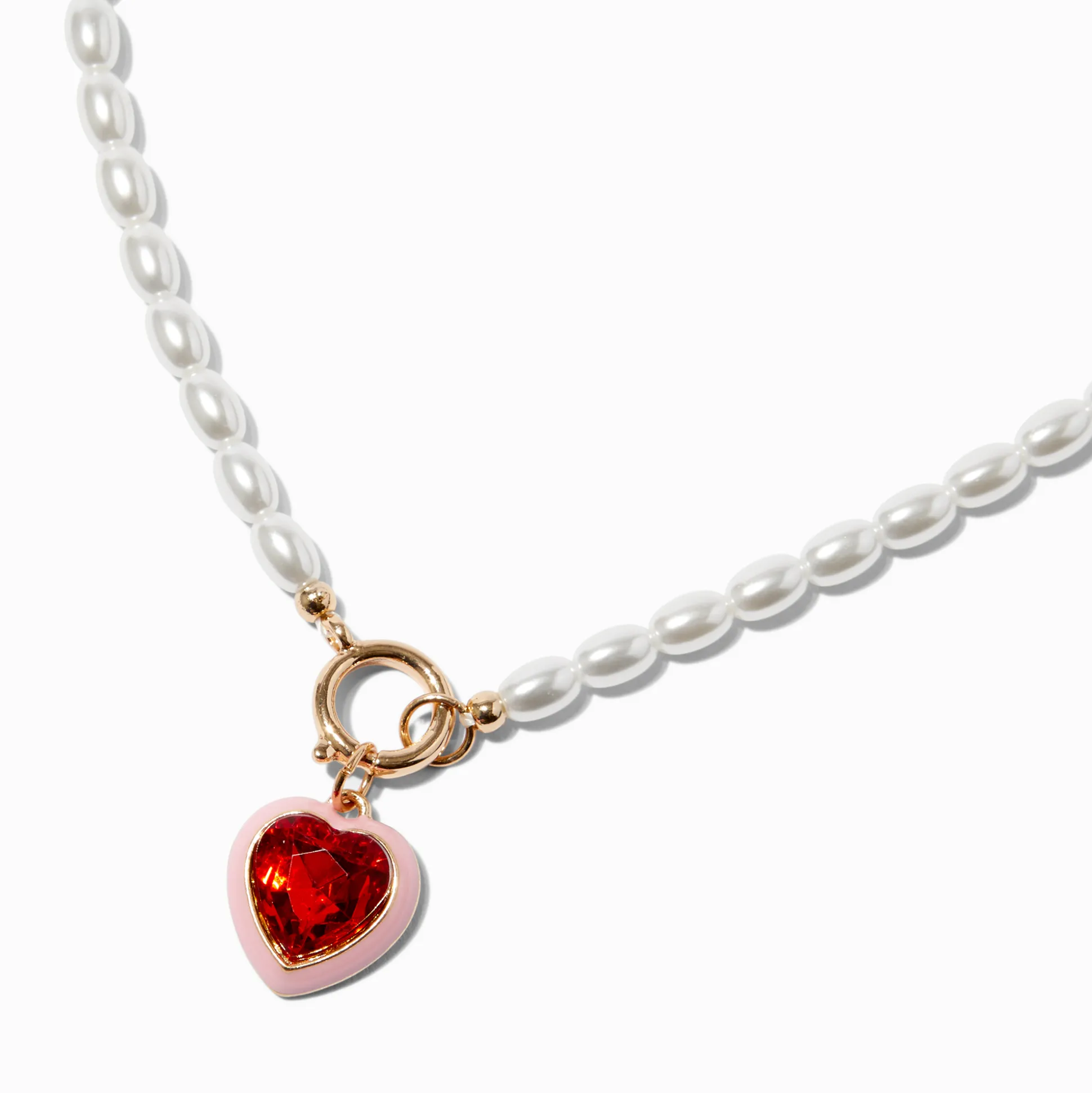 Collier perle d'imitation avec pendentif cœur rouge