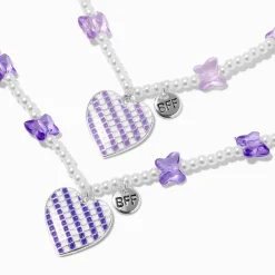 Colliers à pendentif perlés perle d'imitation papillon et cœur violet best friends - Lot de 2