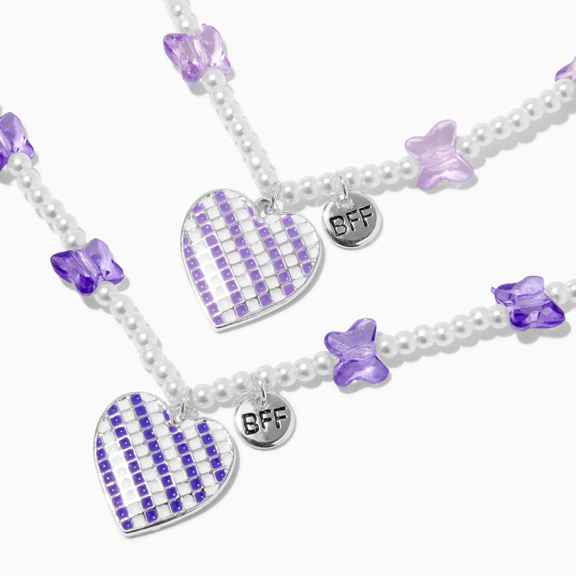 Colliers à pendentif perlés perle d'imitation papillon et cœur violet best friends - Lot de 2
