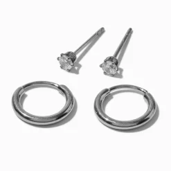 Créoles à charnière et clous en zircon cubique couleur argentée C LUXE by Claire's - Lot de 2