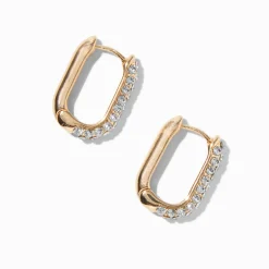 Créoles à charnière oblongues en pavé strass couleur dorée