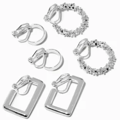 Créoles à clip géométriques strass couleur argentée - Lot de 3