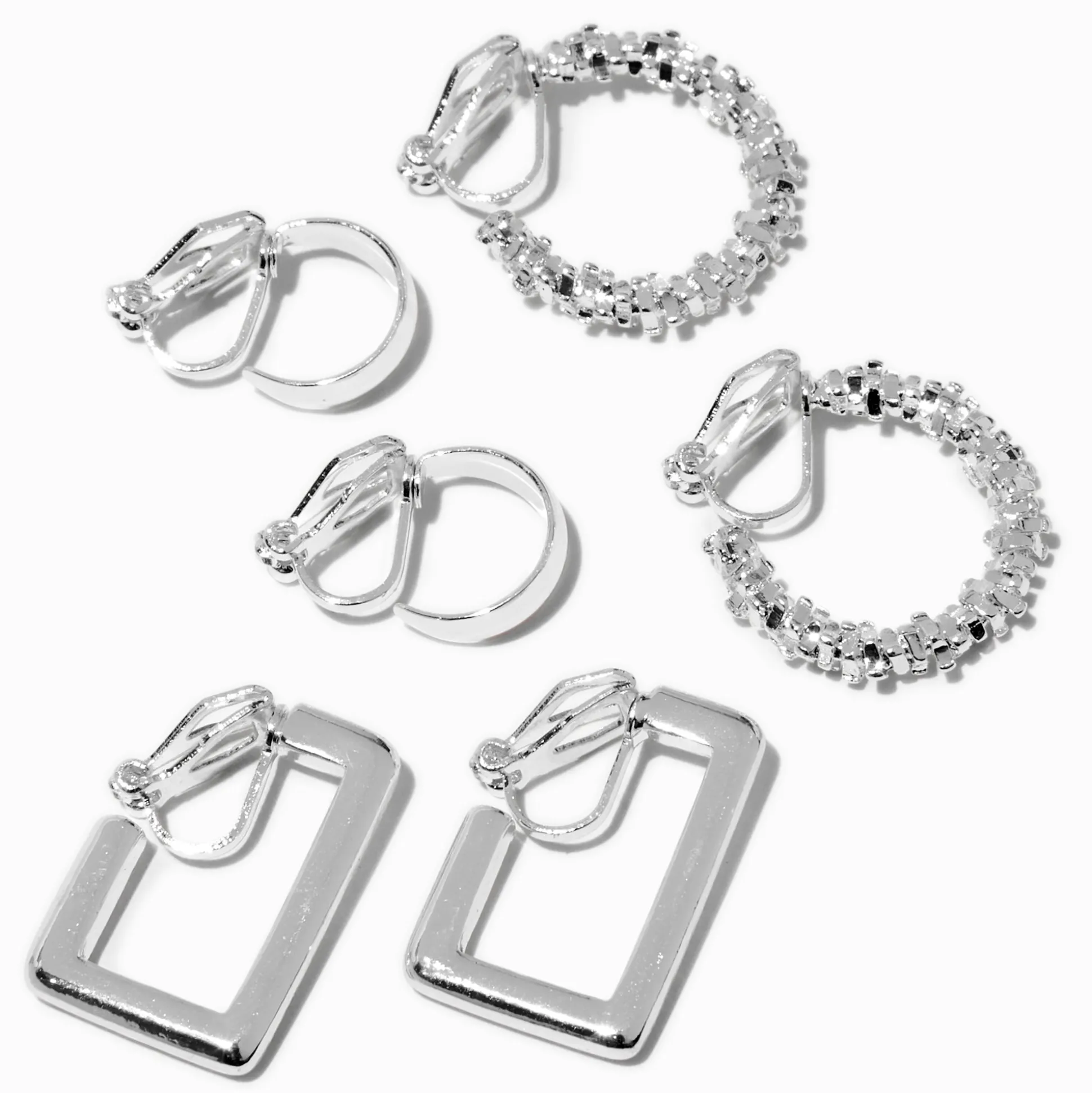 Créoles à clip géométriques strass couleur argentée - Lot de 3