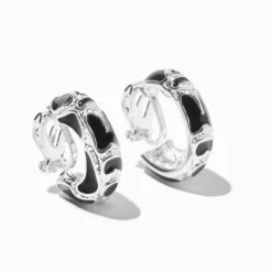 Créoles à clip 10 mm couleur argentée émaillées noires