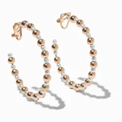 Créoles à clip 40 mm couleur dorée et perle d'imitation