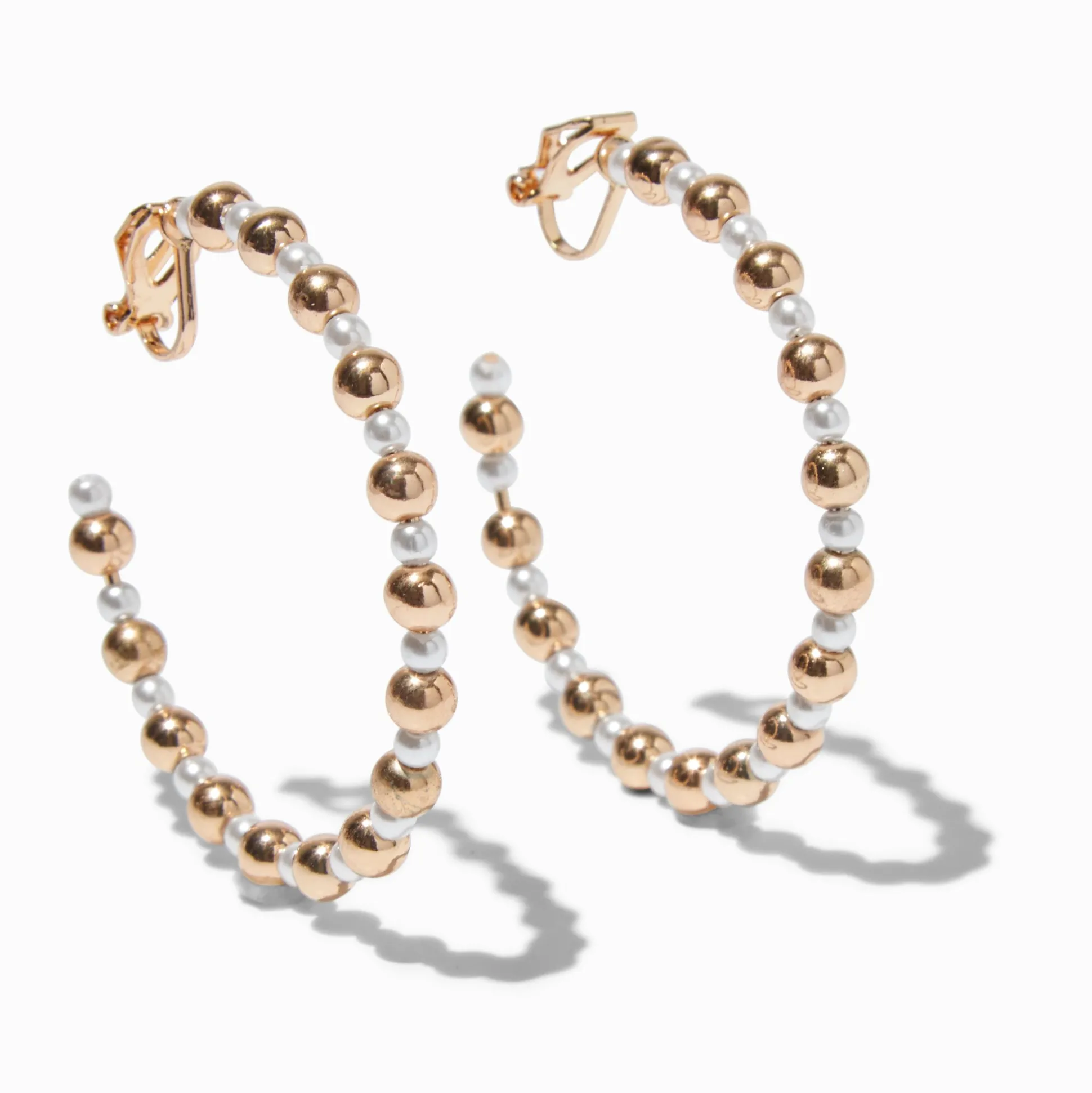 Créoles à clip 40 mm couleur dorée et perle d'imitation