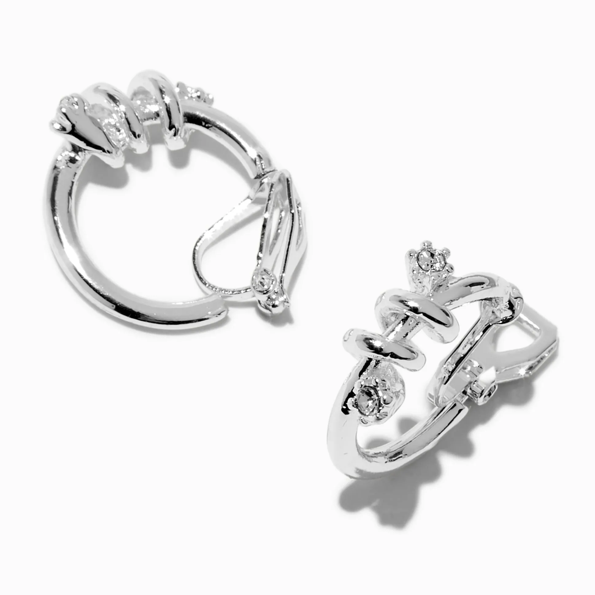 Créoles à clip 20 mm en strass torsadées couleur argentée