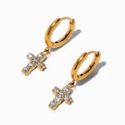 Créoles avec croix zircon cubique 8 mm titane couleur dorée C LUXE by Claire’s