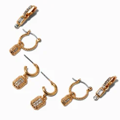 Créoles empilables bling-bling strass couleur dorée - Lot de 3