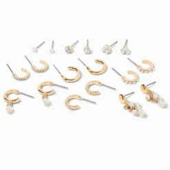 Créoles et clous d’oreilles variés couleur dorée et perles d’imitation - Lot de 9