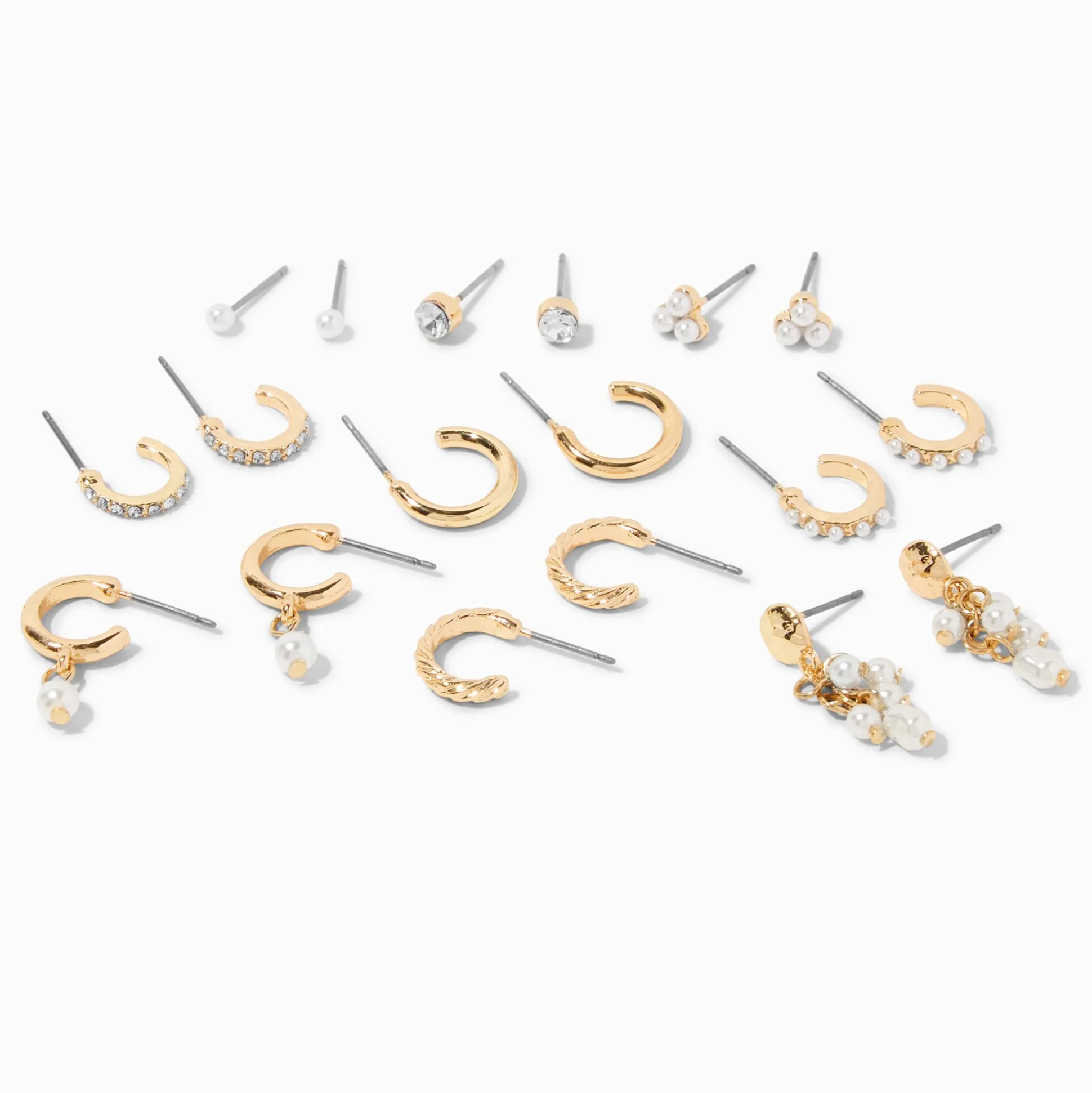 Créoles et clous d’oreilles variés couleur dorée et perles d’imitation - Lot de 9