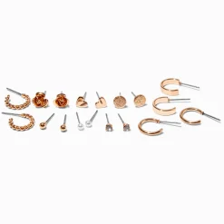 Créoles et clous en forme de cœur et de rose superposables couleur dorée - Lot de 9