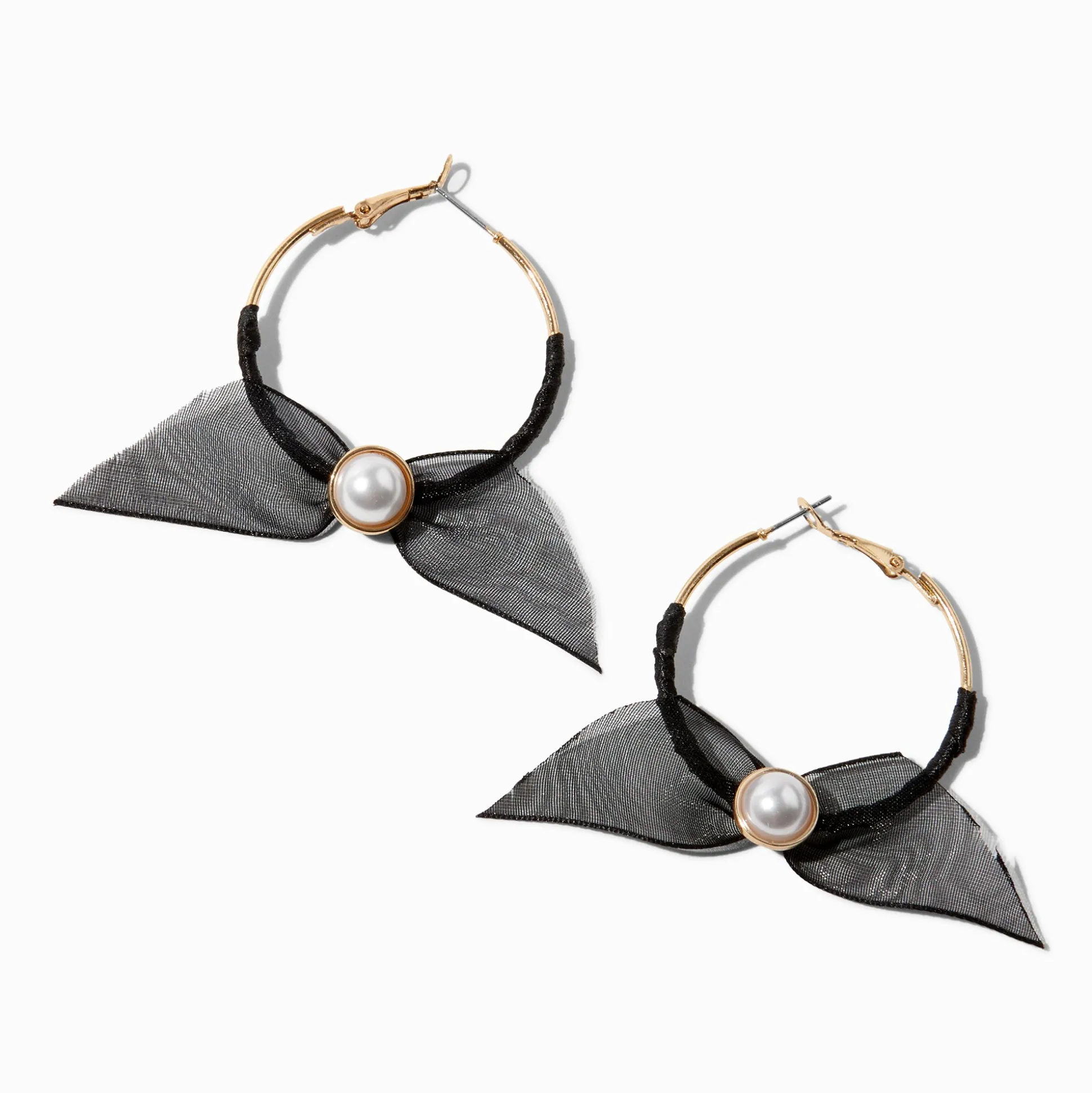 Créoles 30 mm couleur dorée nœud en organza noires