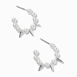 Créoles 10 mm perle d'imitation et pointe couleur argentée