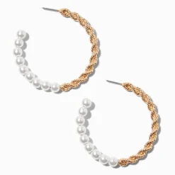 Créoles 50 mm perles d'imitation torsadées couleur dorée