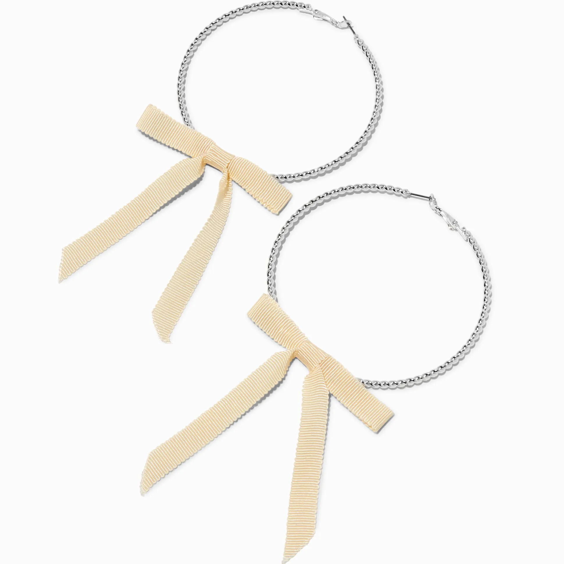 Créoles nœud ruban ivoire torsadées 80 mm couleur argentée