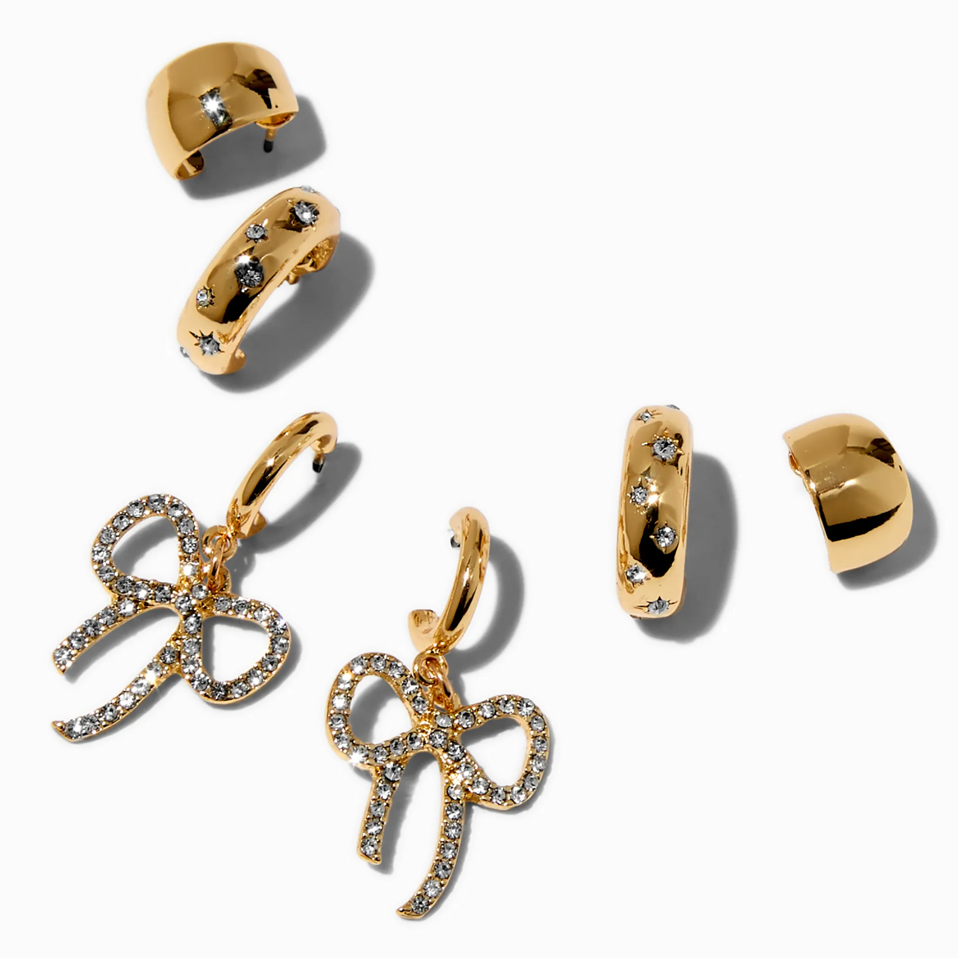 Créoles épaisses superposables avec nœud en strass couleur dorée - Lot de 3