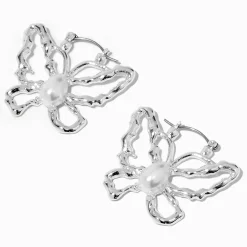 Créoles papillon perle d'imitation couleur argentée