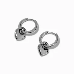 Créoles pendantes cœur en acier inoxydable couleur argentée