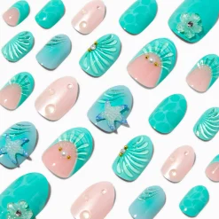3D Blue Mermaid Stiletto Press On Vegan Faux Nail Set - 24 Pack