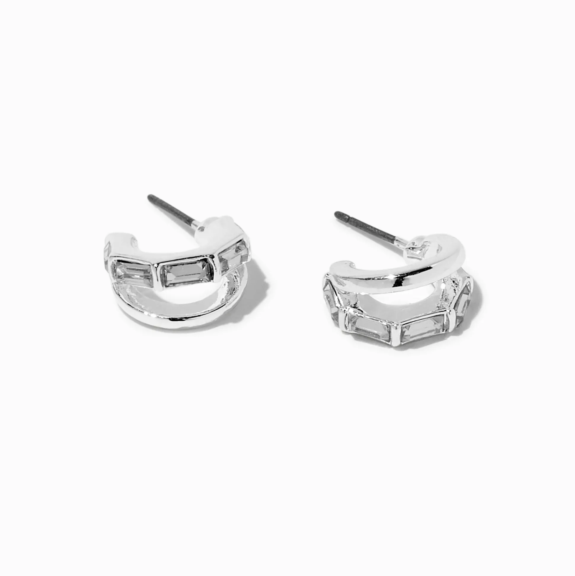 Doubles créoles couleur argentée baguette de strass