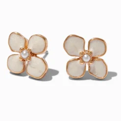 Enamel White Pearl Flower Stud Earrings
