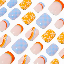 Ensemble de faux ongles vegan squoval à carreaux et marguerites multiples - Lot de 24