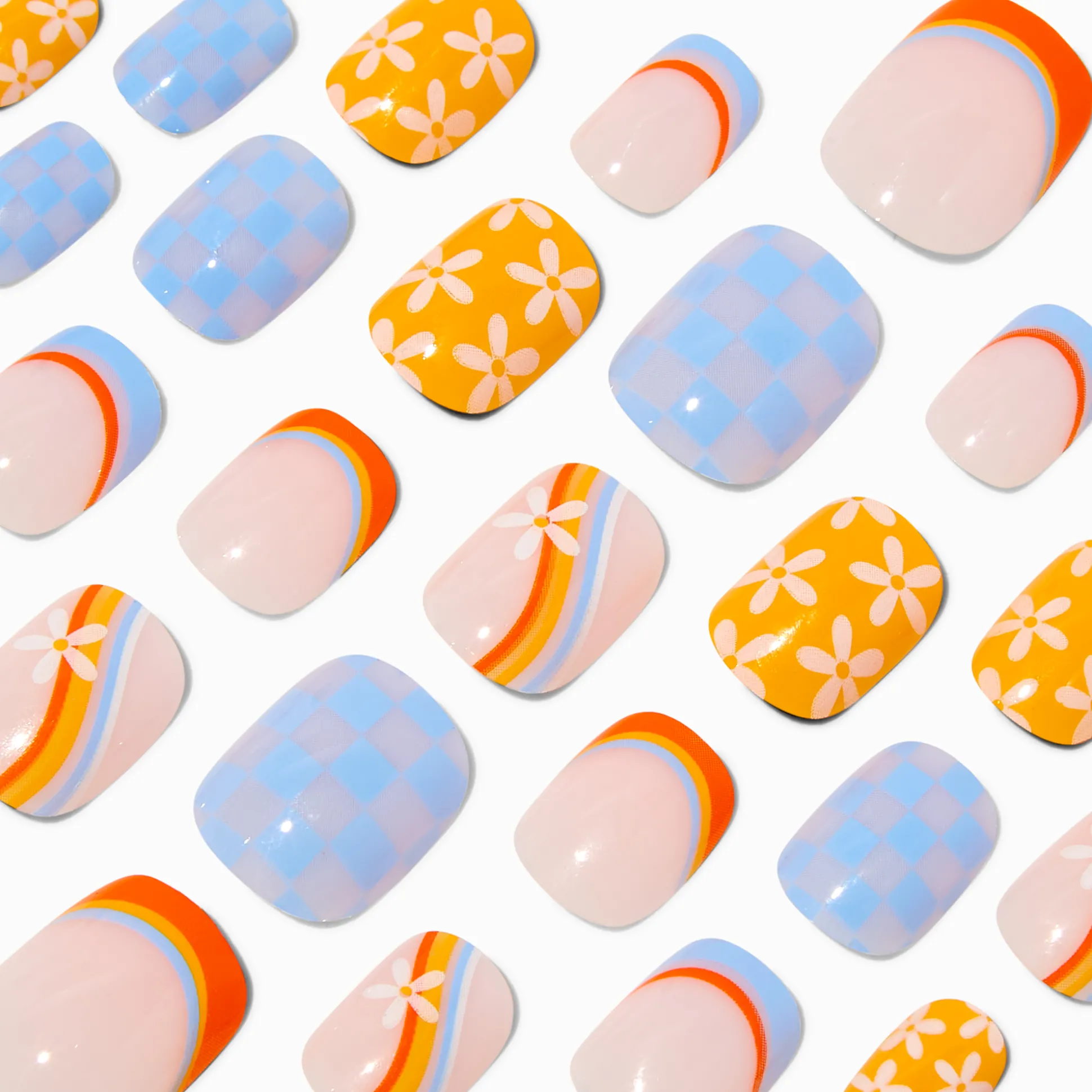 Ensemble de faux ongles vegan squoval à carreaux et marguerites multiples - Lot de 24