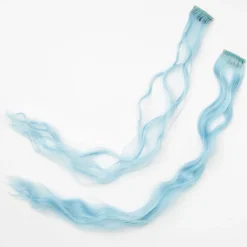Extensions de cheveux synthétiques bouclés bicolores à clip bleu ciel - lot de 2