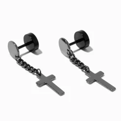 Faux écarteurs d'oreilles noirs avec croix pendantes