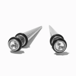 Faux écarteurs d'oreilles coniques strass en acier inoxydable couleur argentée