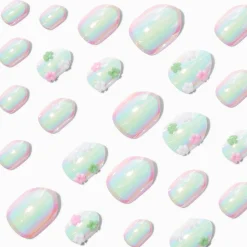 Faux ongles autocollants stiletto iridescents breloque marguerite en 3D - Lot de 24