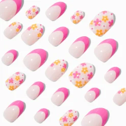 Faux ongles autocollants stiletto marguerite French manucure roses - Lot de 24