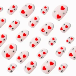 Faux ongles autocollants stiletto Saint-Valentin strass et cœur rouge - Lot de 24