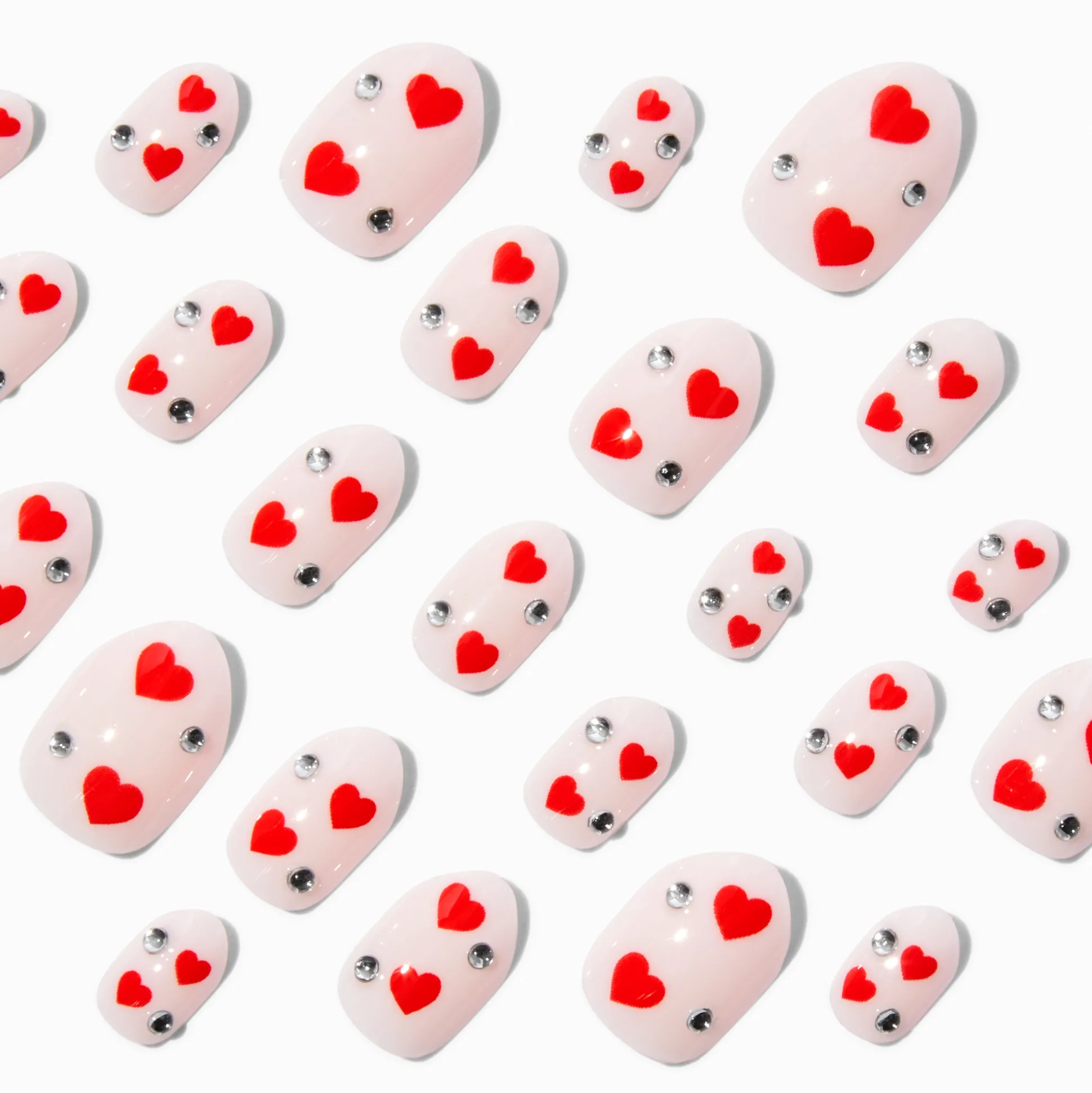 Faux ongles autocollants stiletto Saint-Valentin strass et cœur rouge - Lot de 24
