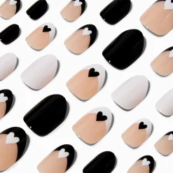 Faux ongles autocollants vegan ronds cœurs noirs et blancs - Lot de 24