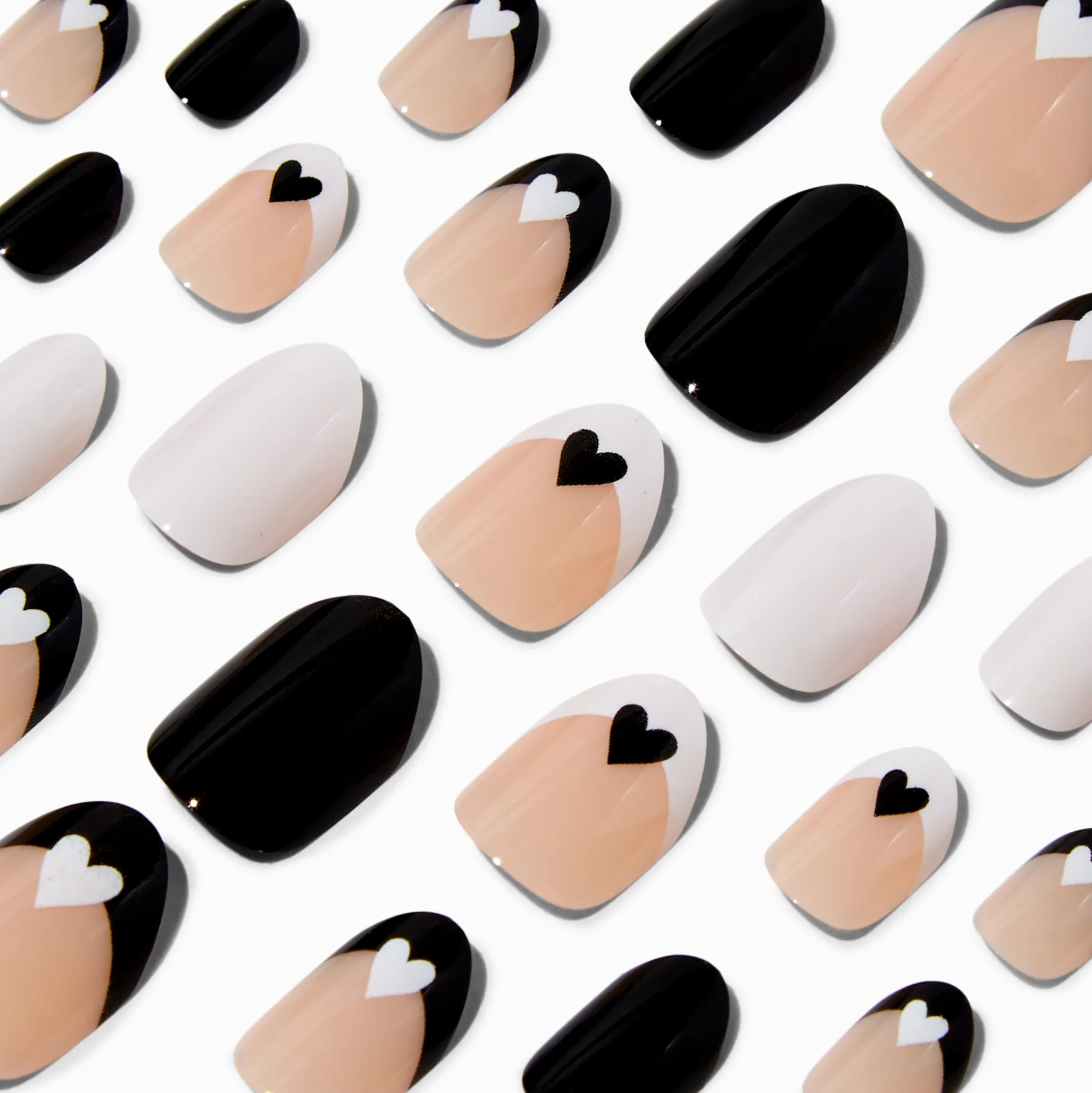 Faux ongles autocollants vegan ronds cœurs noirs et blancs - Lot de 24