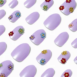 Faux ongles vegan autocollants stiletto breloque fleur 3D - Lot de 24