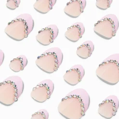 Faux ongles vegan autocollants stiletto French manucure avec strass roses - Lot de 24