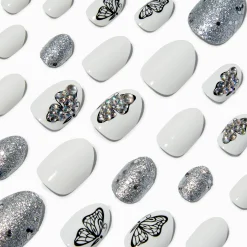Faux ongles vegan autocollants stiletto bling-bling papillon - Lot de 24