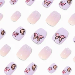 Faux ongles vegan autocollants ballerine papillon violet - Lot de 24