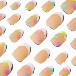 Faux ongles vegan autocollants stiletto French manucure avec marguerites - Lot de 24