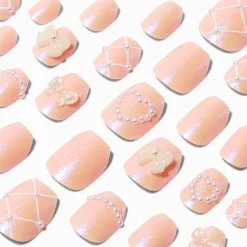 Faux ongles vegan autocollants ballerine nœud nude 3D - Lot de 24