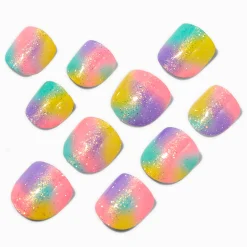 Faux ongles vegan autocollants carrés arc-en-ciel pailletés Claire's Club - Lot de 10