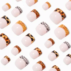 Faux ongles vegan autocollants carrés style French manucure imprimé animal - Lot de 24
