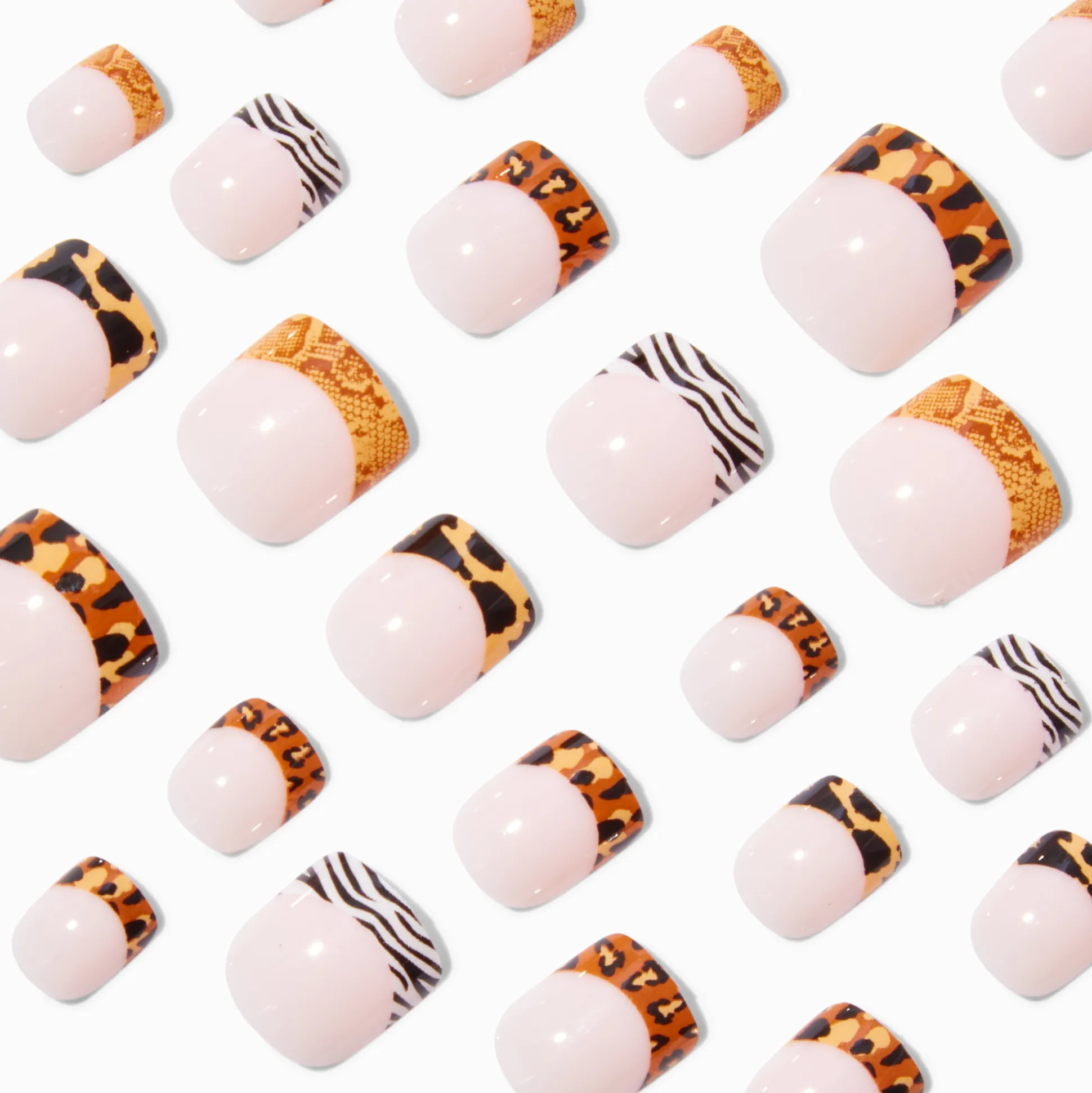 Faux ongles vegan autocollants carrés style French manucure imprimé animal - Lot de 24